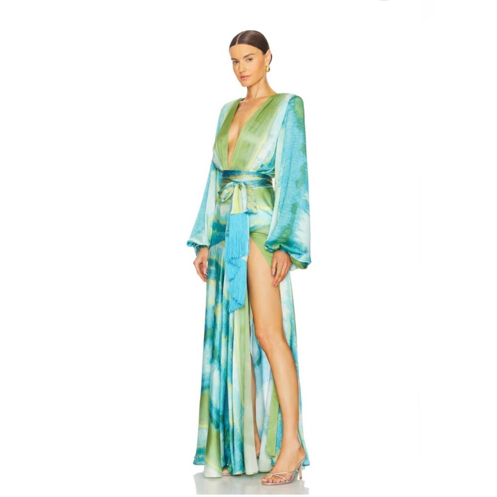 NEW BRONX BANCO Carmen Coastal Gown in Blue & Green ,Plunge Wrap Maxi Dress - Picture 3 of 16